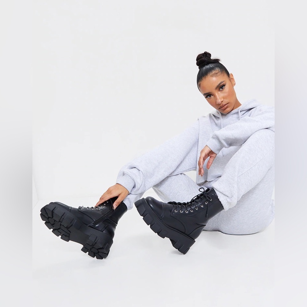 PRETTYLITTLETHING Black Lace Up Chunky Combat Boots